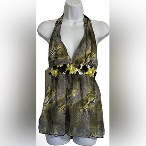 Lucy Paris Halter Women’s Size S Appliqué Flowers Yellow Black V-Neck  NEW TAGS